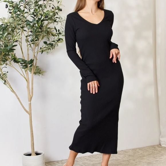 NEW Culture Code PLUS + REG Size Ribbed Long Sleeve Slit Hem Midi Dress - Picture 8 of 13